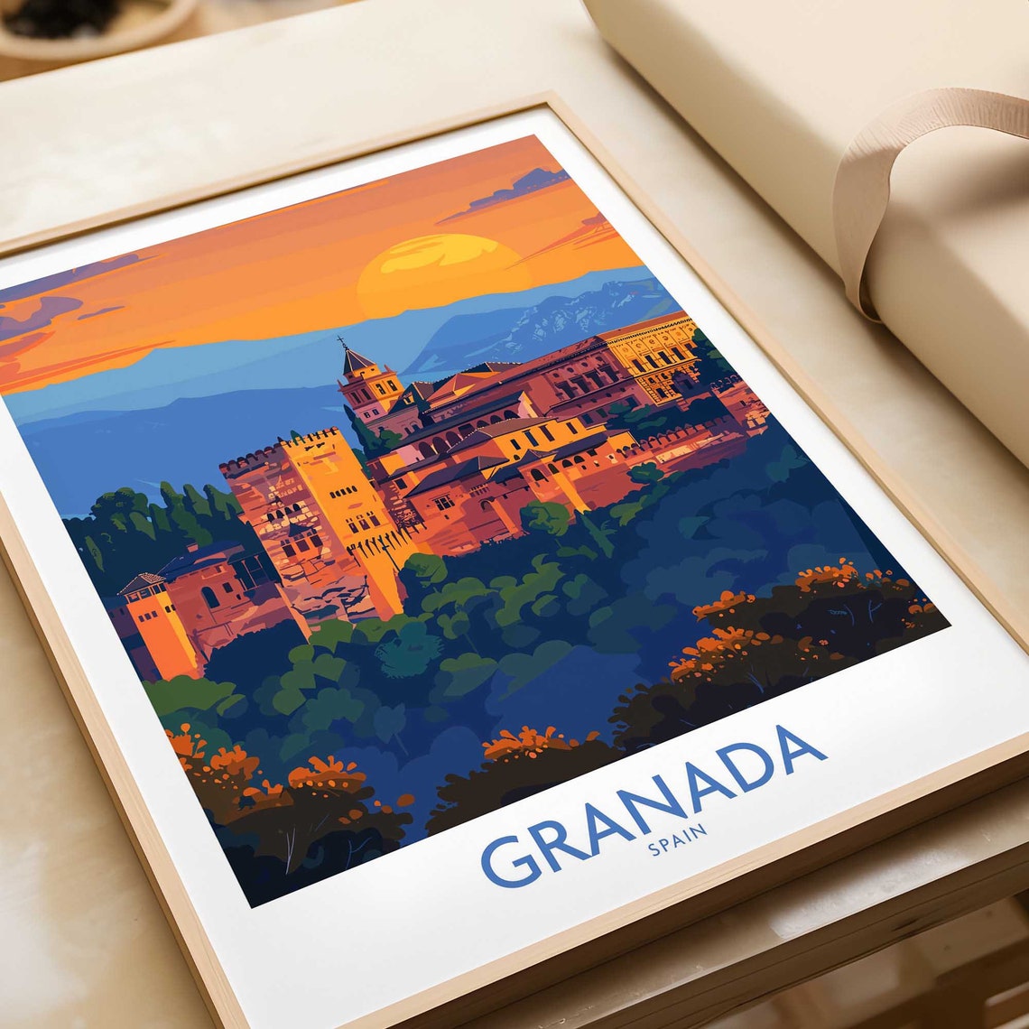 Granada Spain Alhambra Sunset Glow Over Mountains Travel Poster