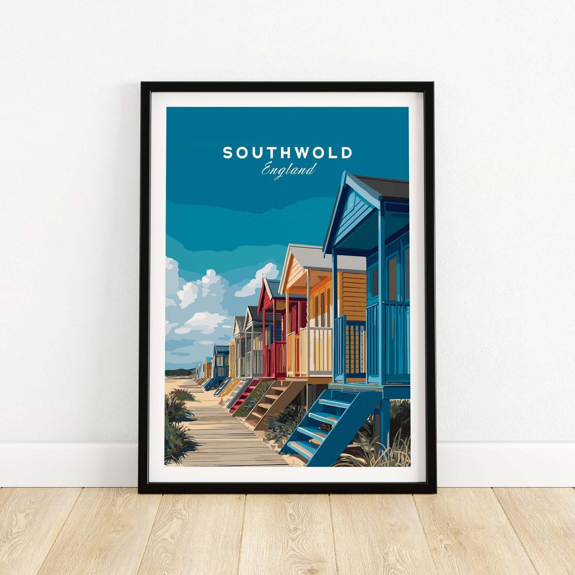 Southwold England Beach Huts Poster Colorful Suffolk Seaside Artwork