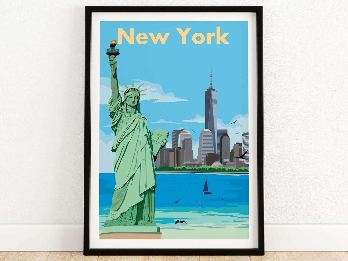 Vintage Blue New York Statue Of Liberty Skyline Harbor Poster