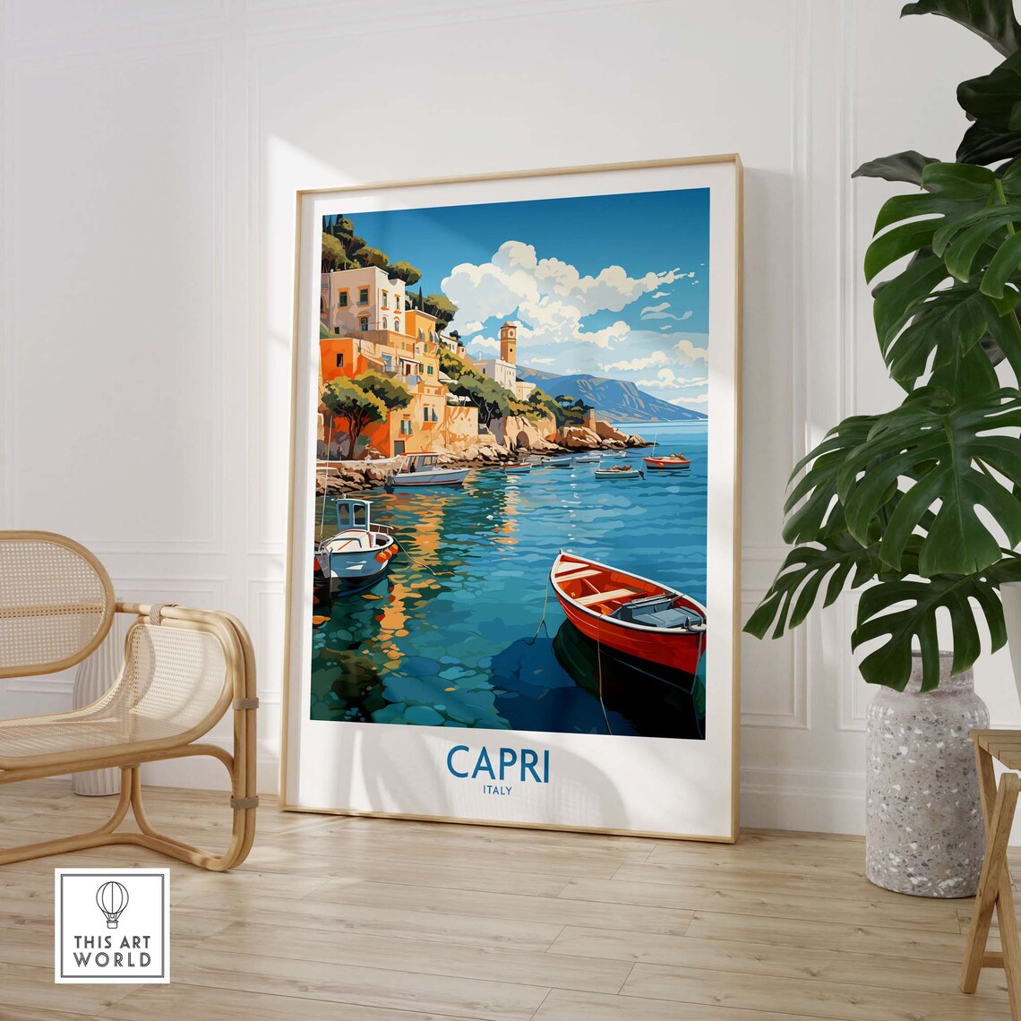 Capri Italy Harbor Fishing Boats Cliffside Village Seascape Poster - Image 3