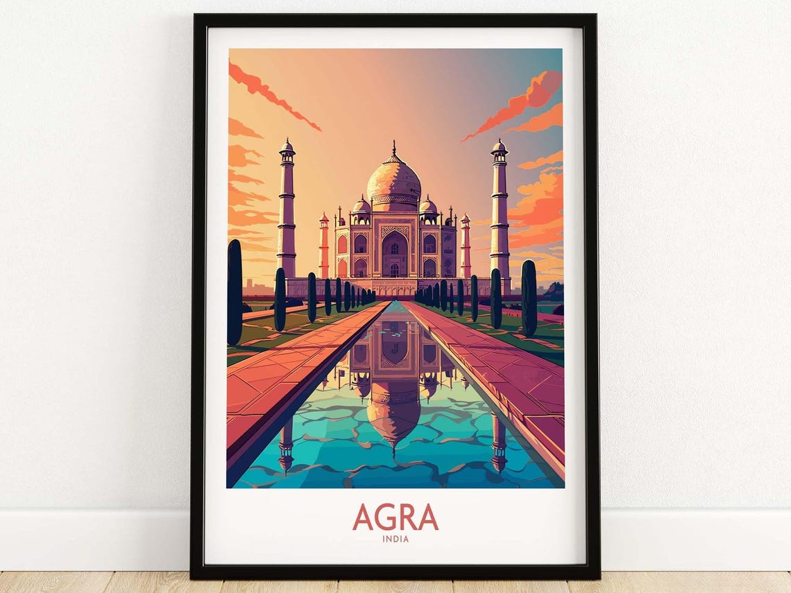 Agra India Taj Mahal Sunrise Reflection Vintage Travel Poster