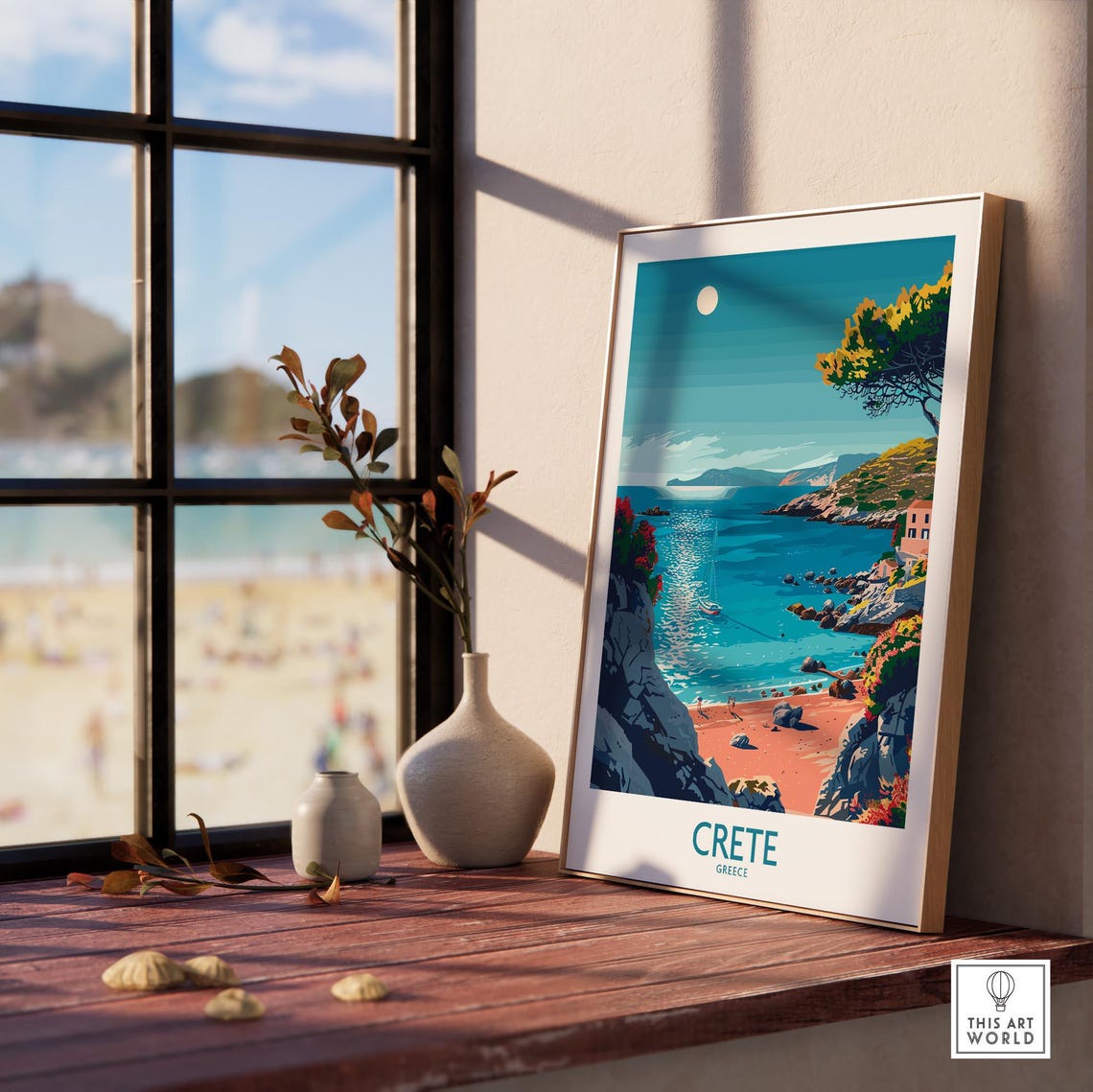 Crete Greece Turquoise Cove Sailboat Rock Beach Moon Art Poster - Image 3