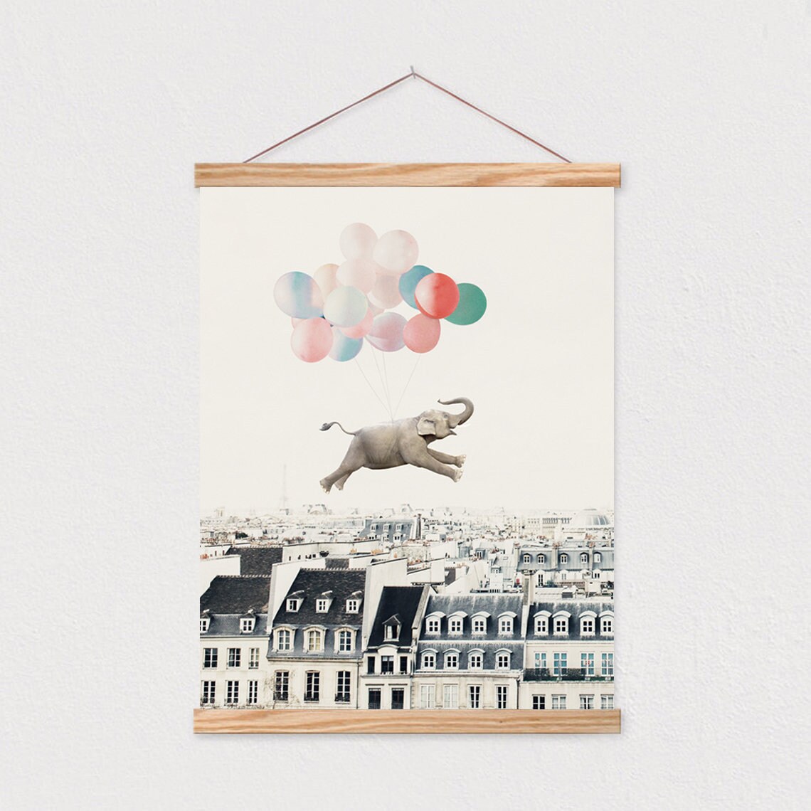 Elephant In Paris With Balloons, Neutral Nursery Art Print - Image 2