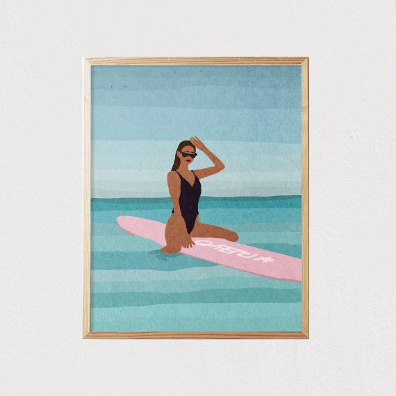 Beach Girl Surfing Board, Mid-Century Ocean Art Print