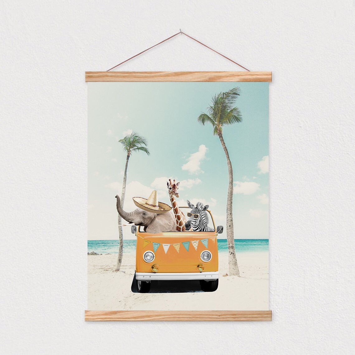 Neutral Beach Animals, Palms Retro Car Nursery Art Print - Image 2
