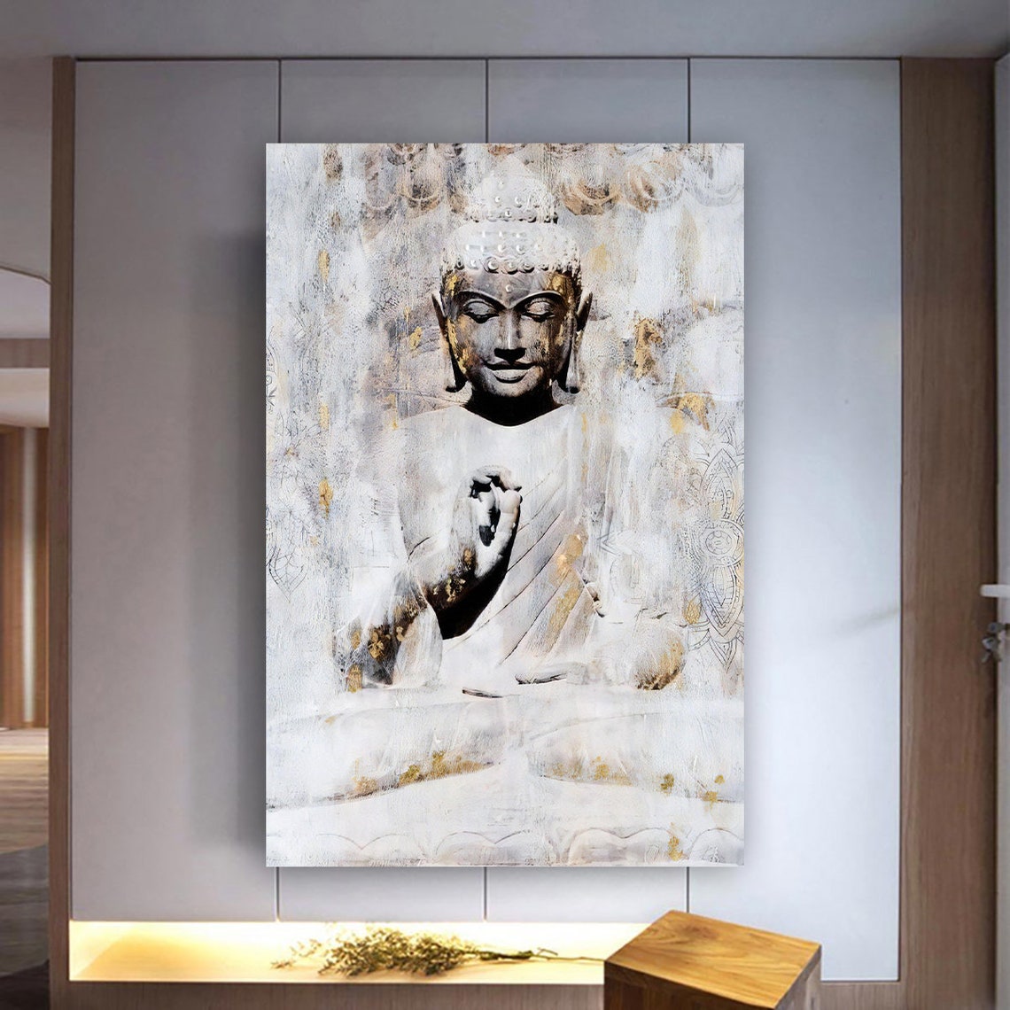 White Gold Buddha Blessing Serene Meditation Spiritual Wall Poster - Image 3