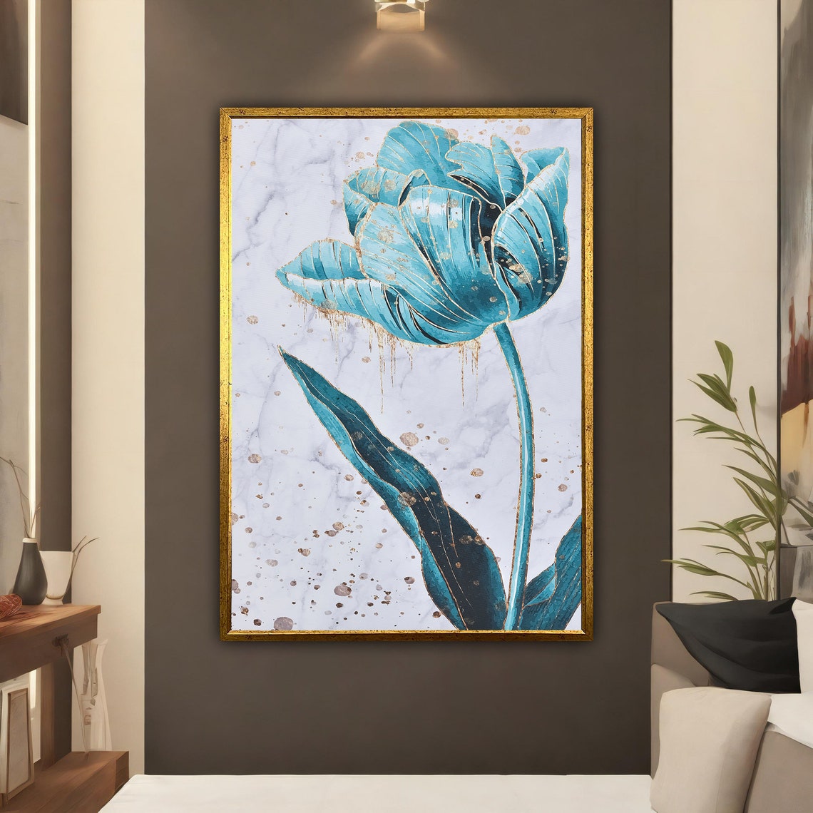 Teal Tulip Marble Background Gold Accent Floral Canvas Art Poster - Image 2