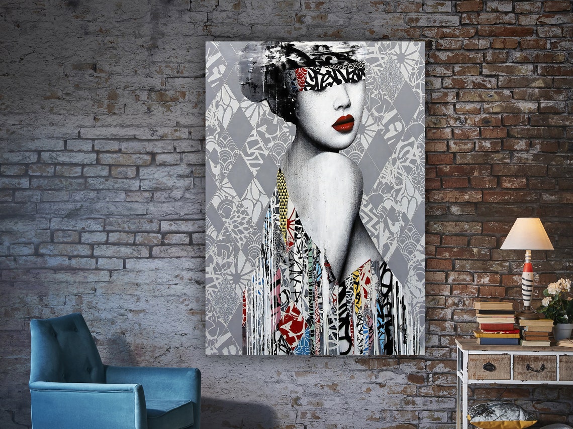 Geisha Graffiti Pop Art Portrait Red Lips Modern Wall Poster - Image 2