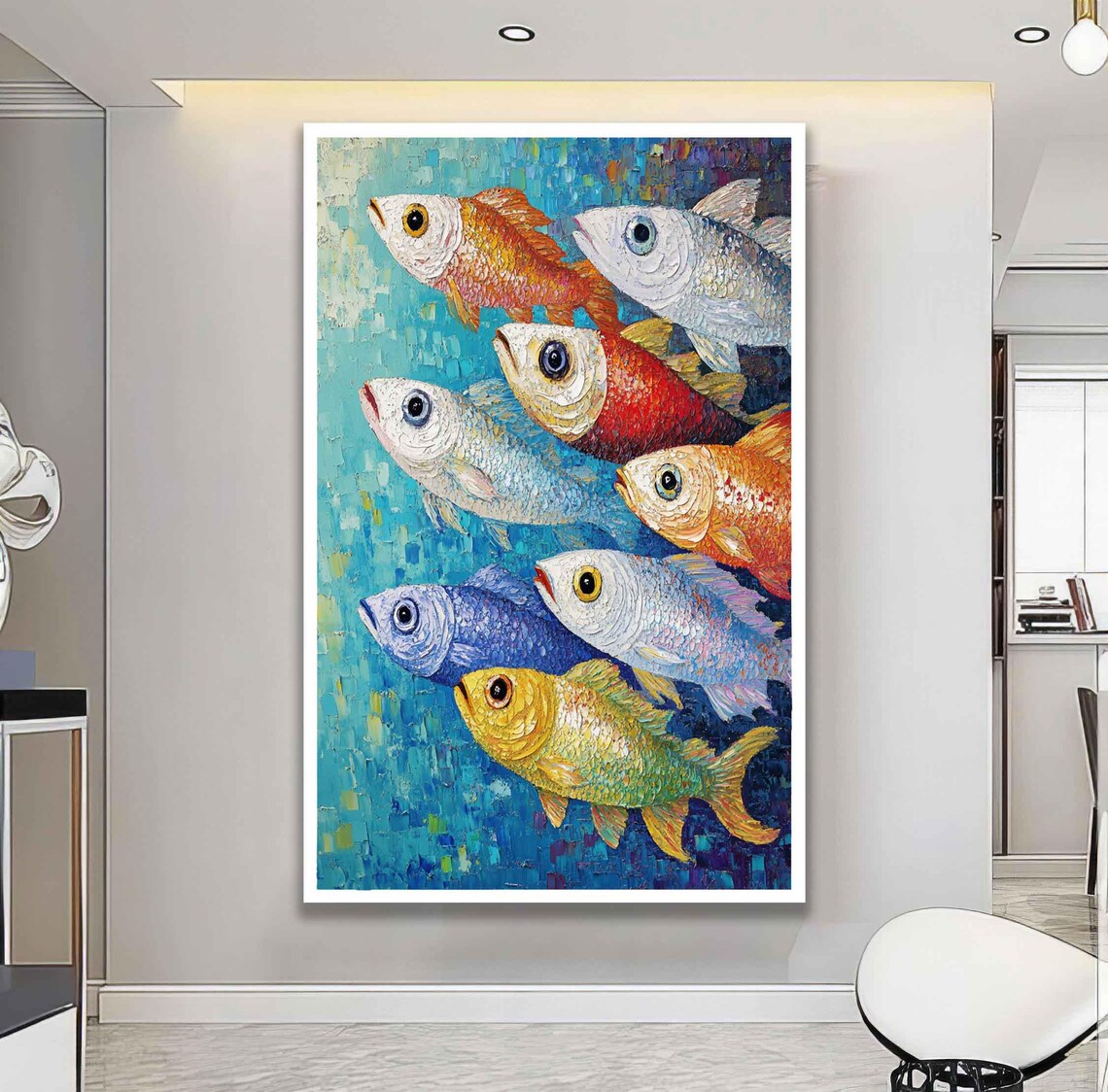Colorful Impasto School Of Fish Swimming Painting Coastal Wall Art - Image 2