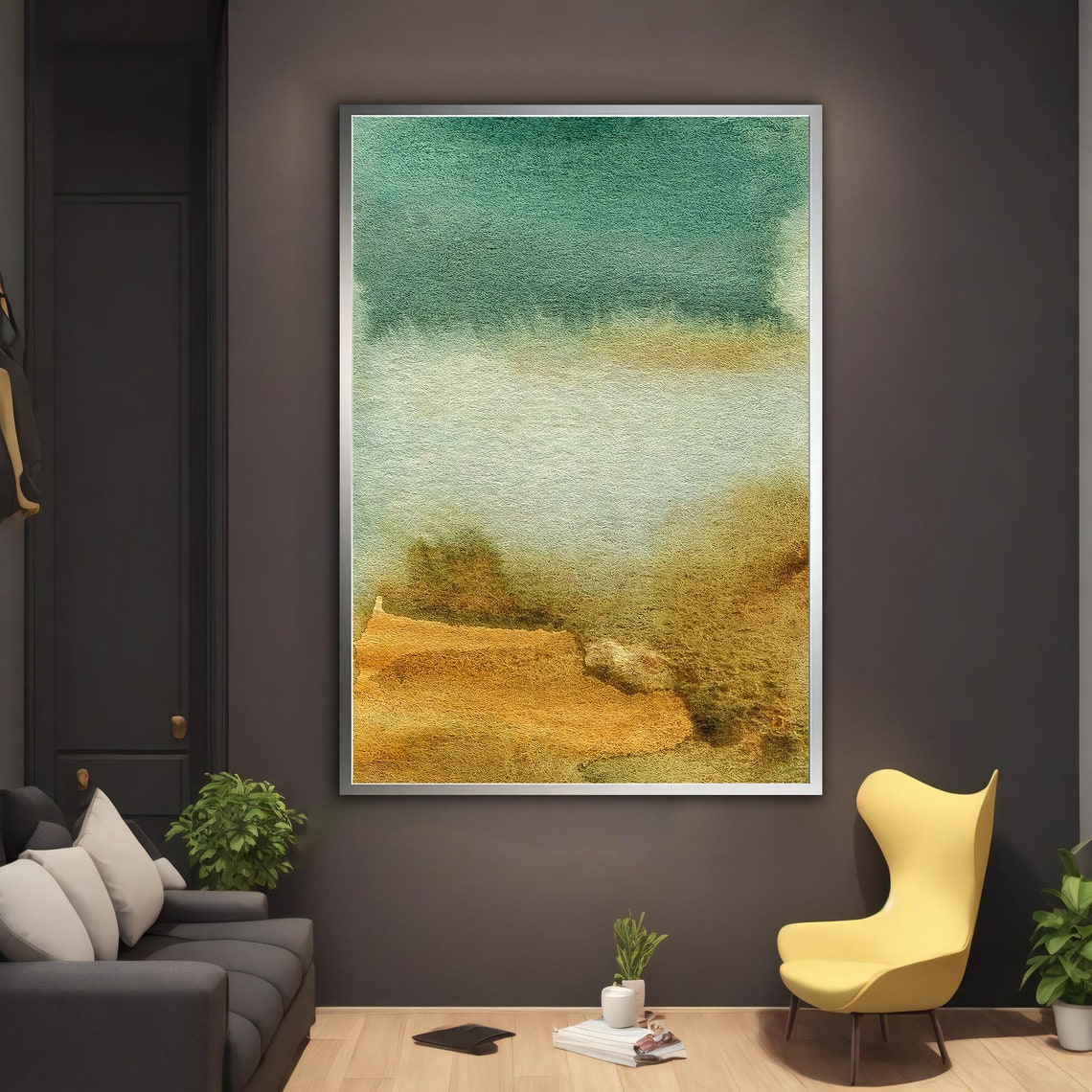 Teal Ochre Watercolor Abstract Landscape Soft Misty Modern Art Print - Image 2