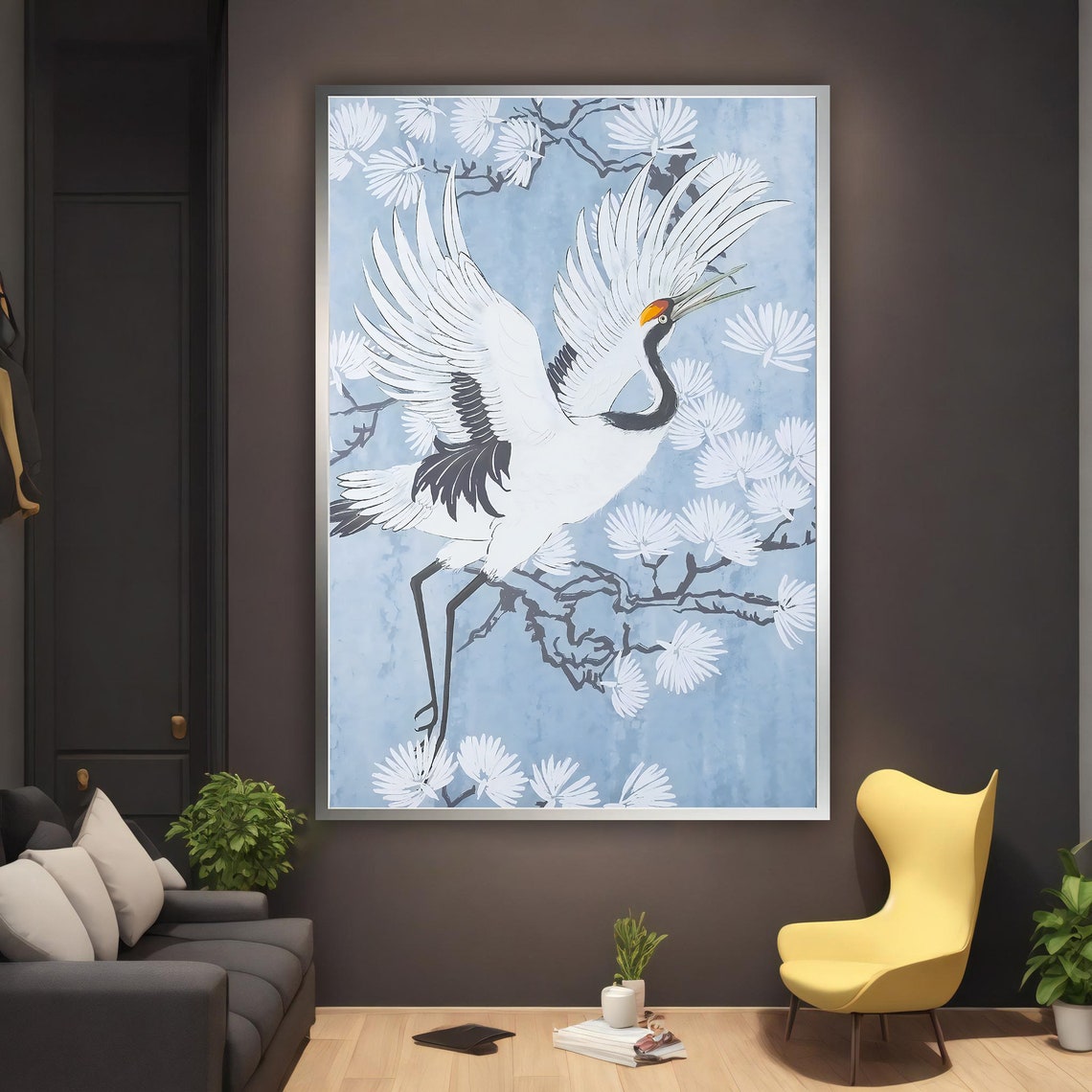 Red Crowned Crane Flying Pine Branches Pale Blue Japanese Bird Print - Image 2