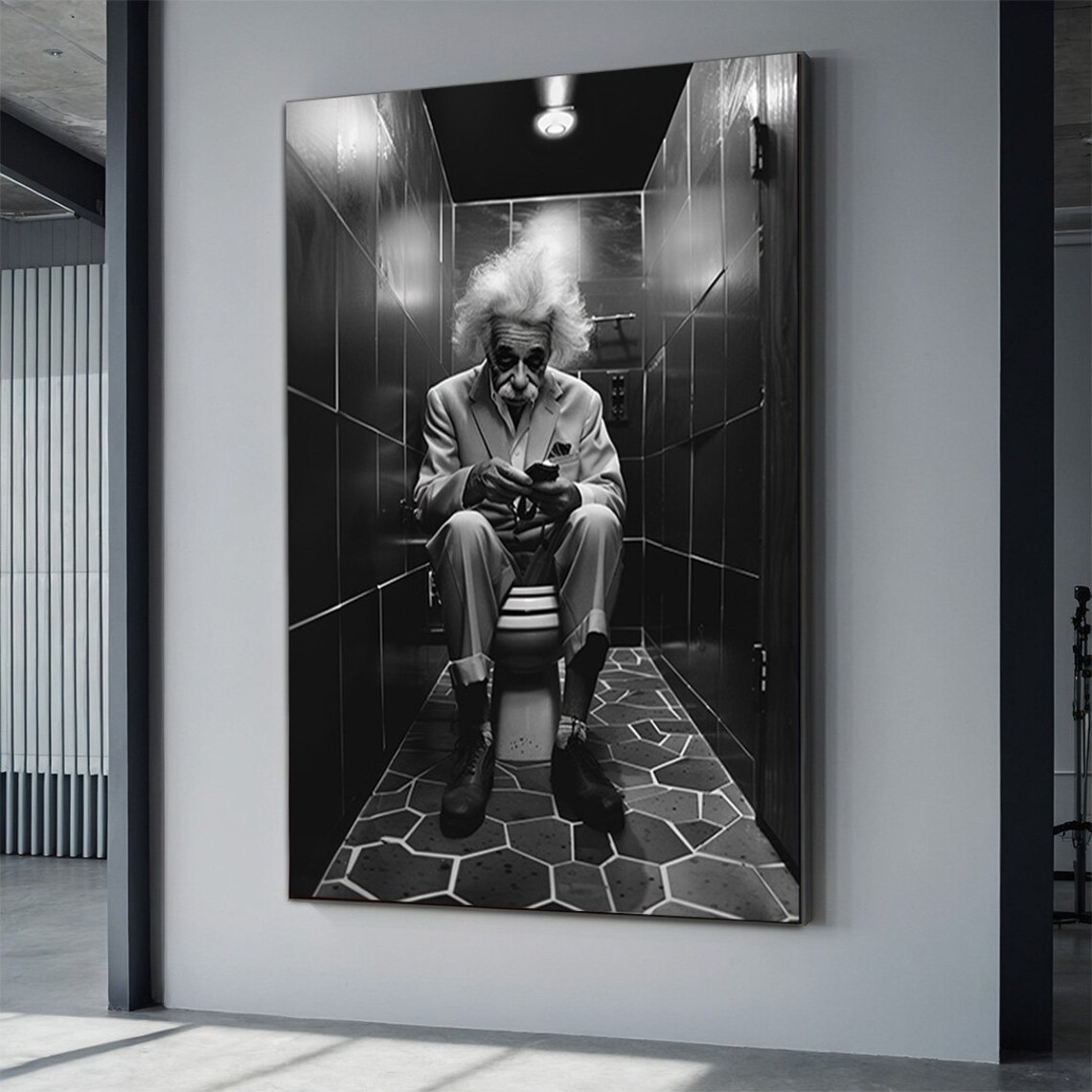 Albert Einstein on Toilet Black and White Funny Bathroom Humor Poster