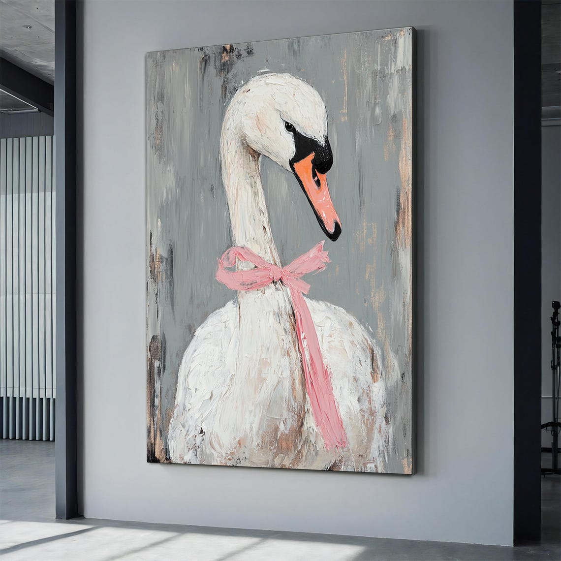 White Swan With Pink Ribbon Bow Whimsical Gray Background Art Print