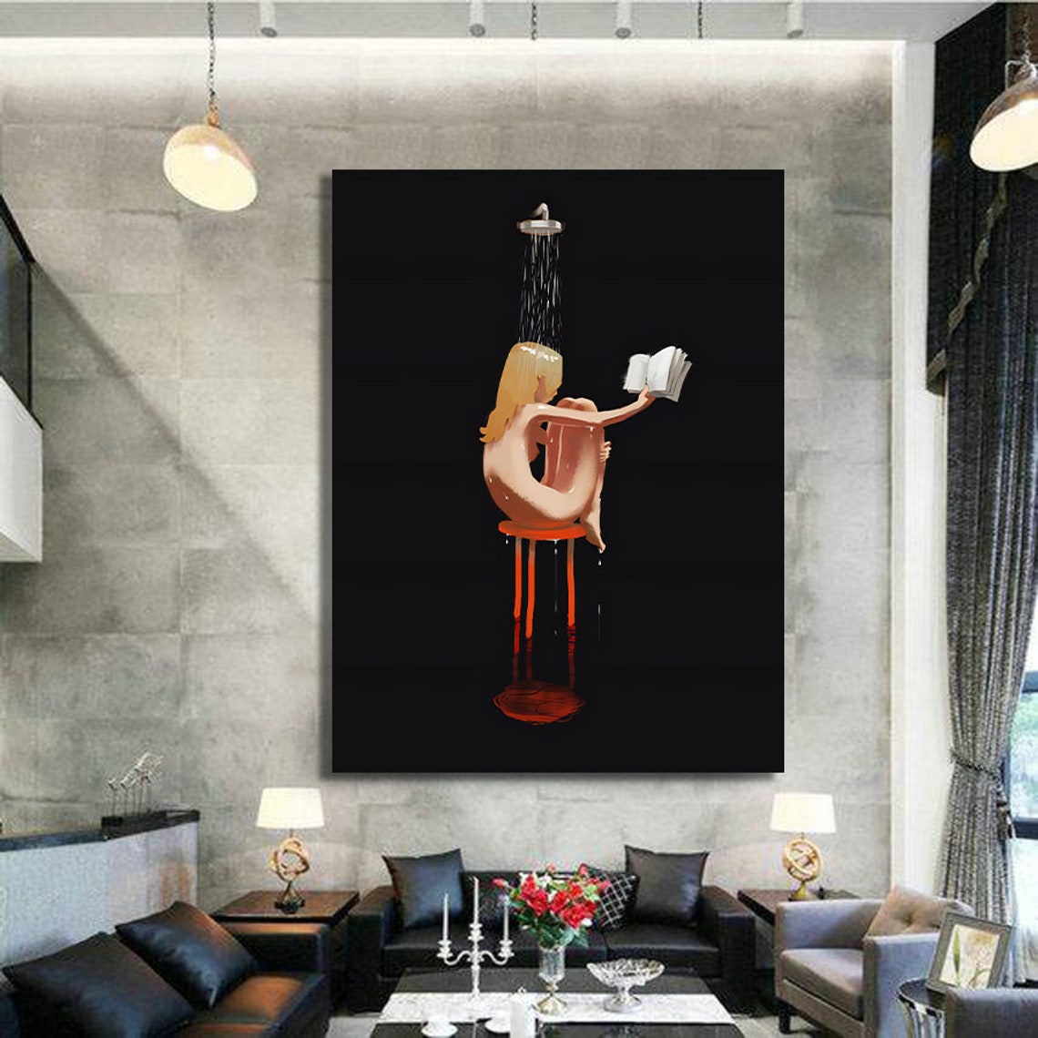 Little Girl Reading A Book In The Bathroom Abstract Woman Painting Pop Art Girl Art Bathroom Painting Bedroom Decor Abstract Girl Art - Image 2