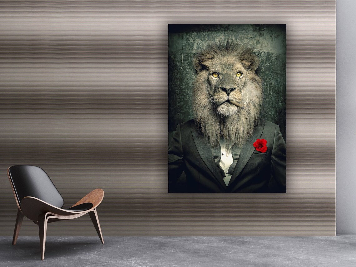 Lion In Suit Red Rose Cigar Vintage Style Funny Animal Poster - Image 2