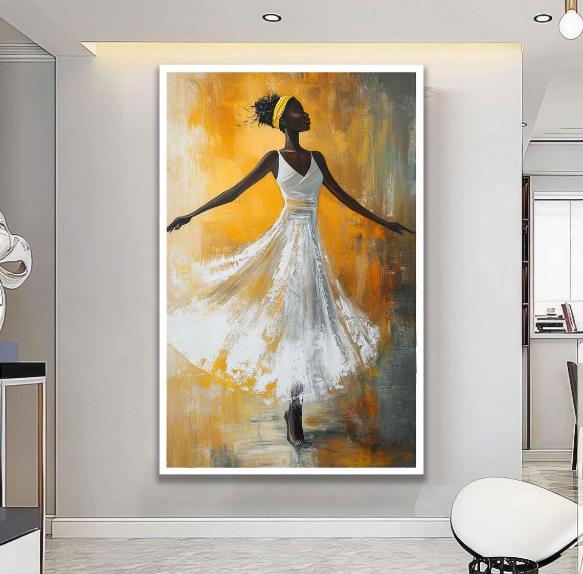 Black Ballerina In White Dress Dancing Golden Abstract Ballet Poster - Image 2