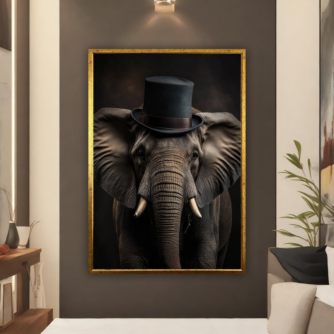 Elephant Wearing Top Hat Dramatic Black Portrait Painting Poster