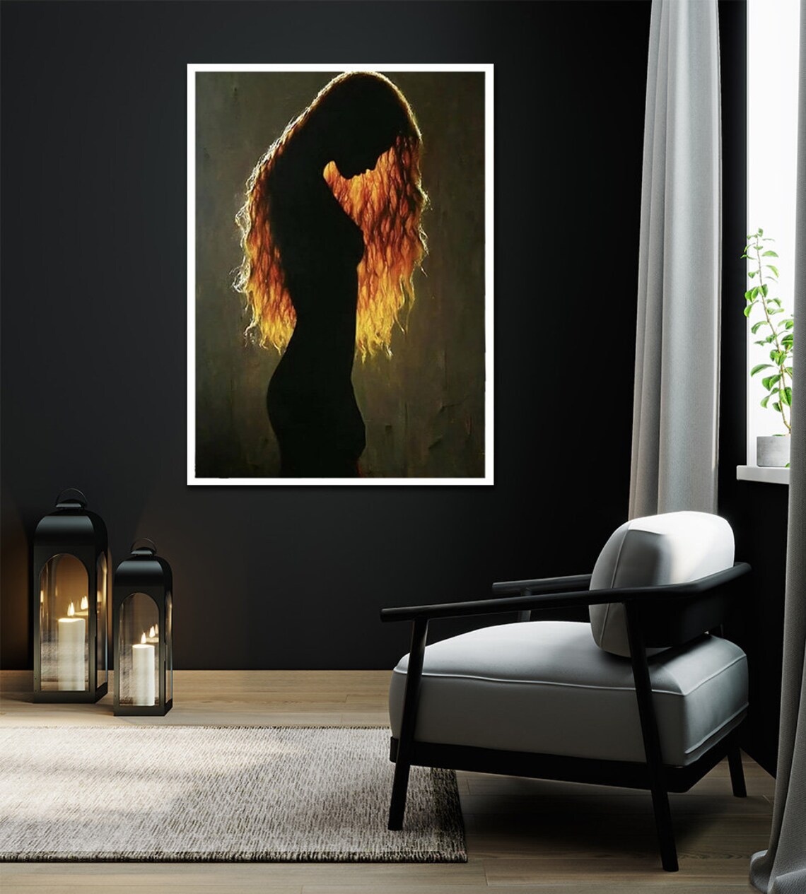 Woman Silhouette Golden Fire Hair Dark Elegant Portrait Wall Art Print - Image 2