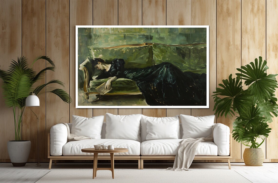 Woman Reading on Green Sofa Vintage Impressionist Oil Painting Poster - Image 2