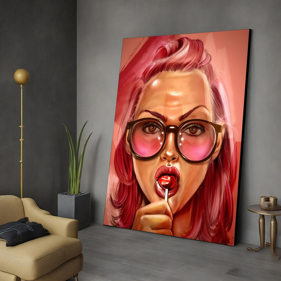 Candy Licking Girl Painting Hippie Girl Art With Peaked Hair Pop Art Women Painting Colorful Girl Wall Decor