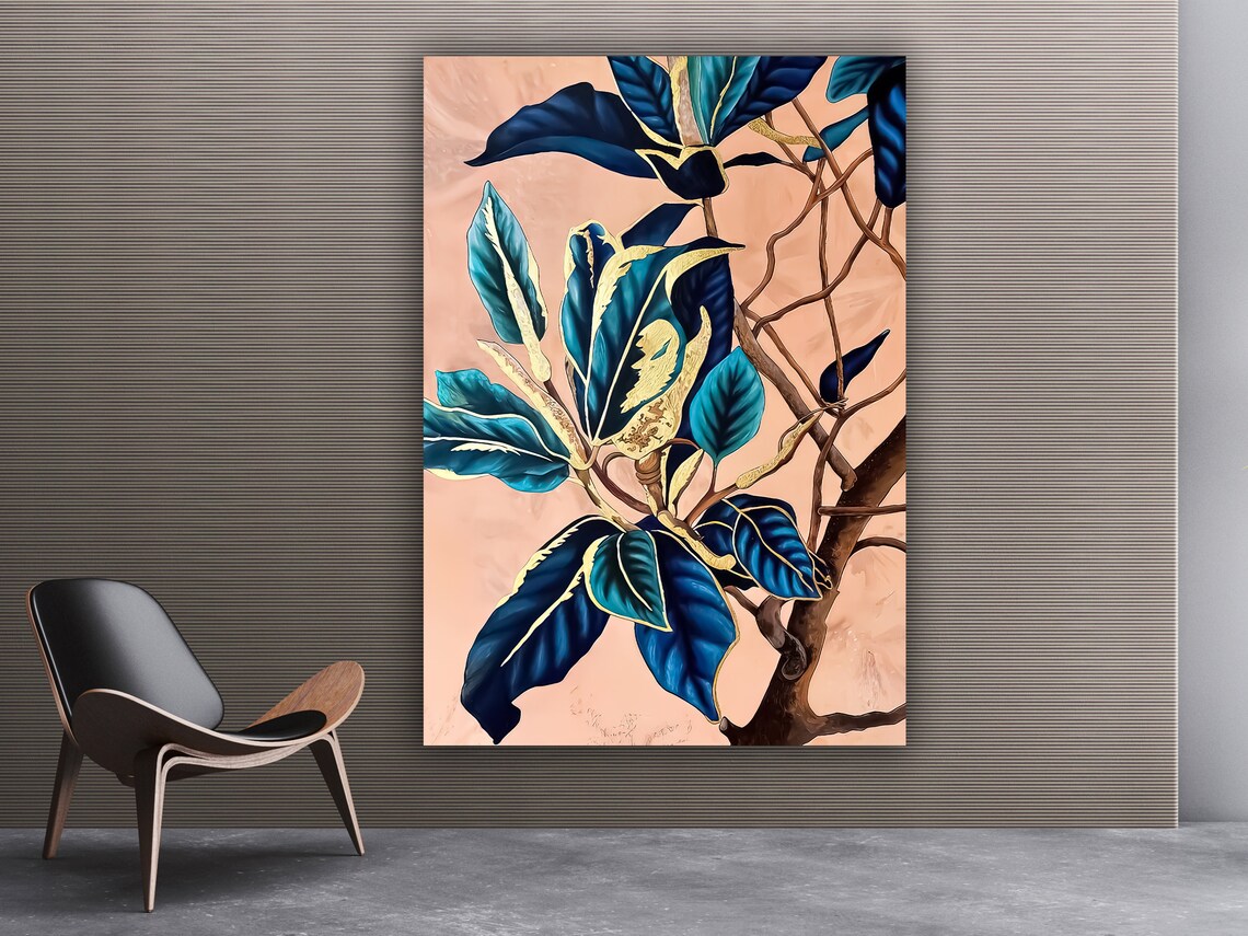 Teal Blue Leaves Gold Accents Blush Background Botanical Art Poster - Image 3