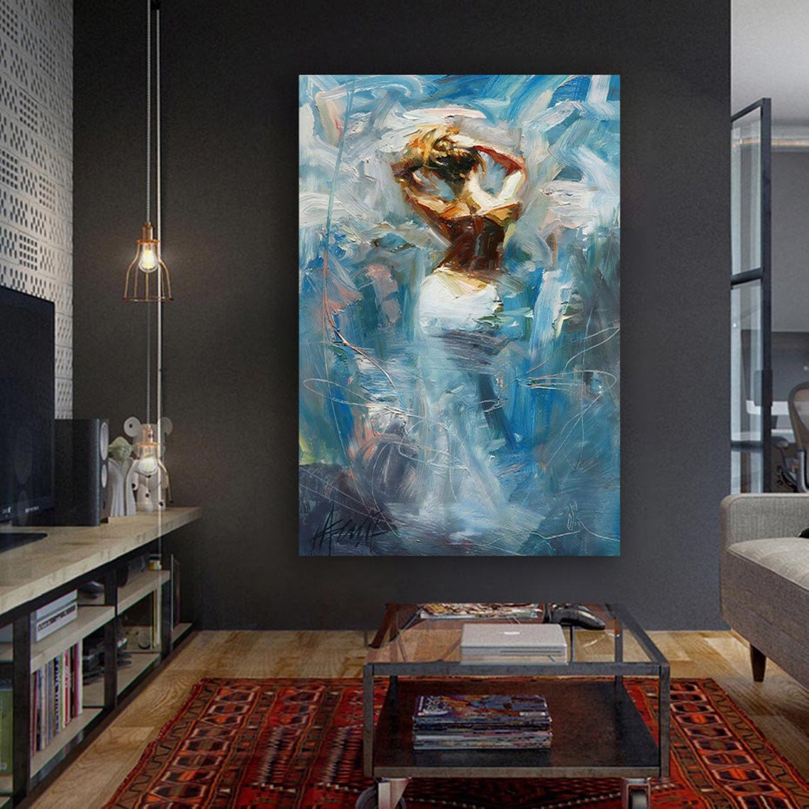 Expressive Abstract Woman Back Turned Blue Impasto Oil Painting Poster - Image 3