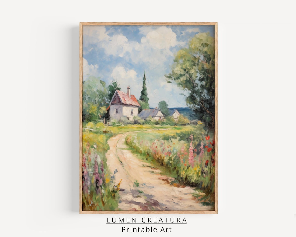 Cottage Landscape Painting, Vintage Art Print