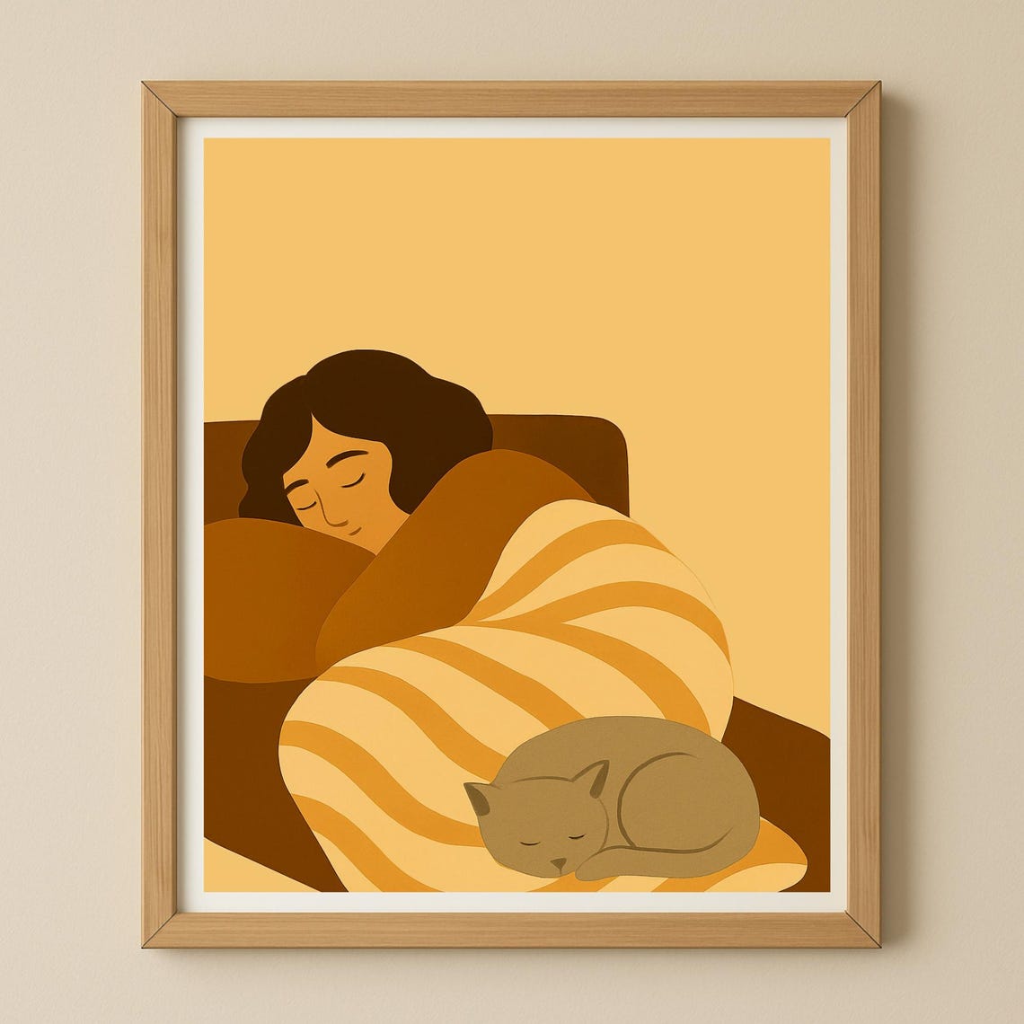 Woman Sleeping with Cat Cozy Warm Tones Flat Illustration Poster