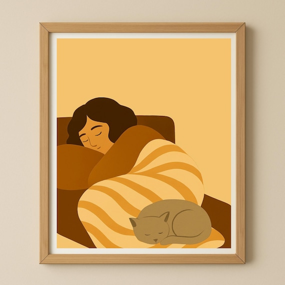 Woman Sleeping with Cat Cozy Warm Tones Flat Illustration Poster