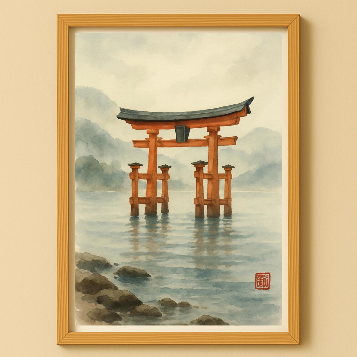 Japanese Torii Gate Watercolor Poster, Zen Decor