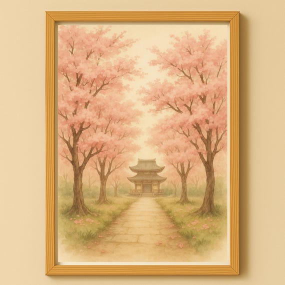 Cherry Blossom Wall Art Poster Print Japanese Temple Path Watercolor Illustration Zen Decor Jpg