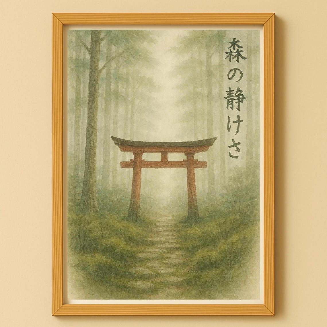Japanese Torii Gate in a Misty Forest Watercolor Zen Art Poster