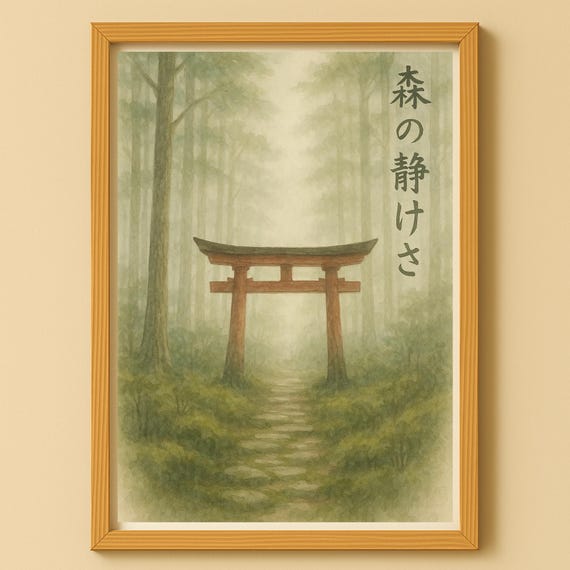 Japanese Torii Gate in a Misty Forest Watercolor Zen Art Poster