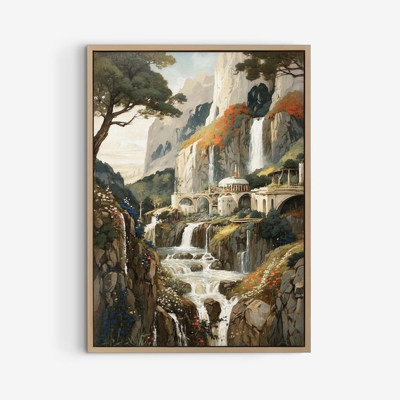 Rivendell Elvish Landscape Painting High Fantasy River Fine Art Print Fellowship Ring Poster Inspired By Lotr