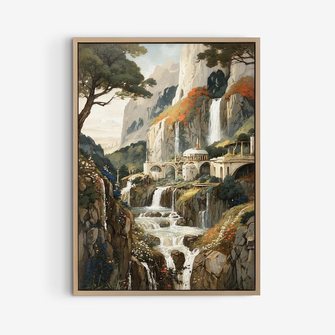 Elven Stone Bridge River Gorge Fantasy Castle Landscape Art Print