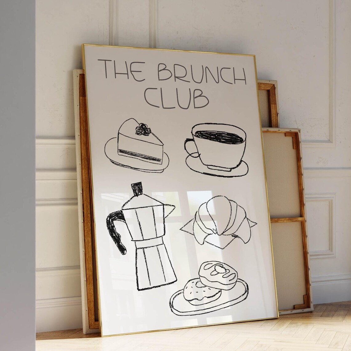 The Brunch Club Black Line Art Croissant Coffee Cream Kitchen Poster