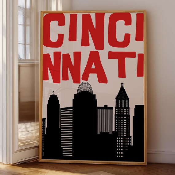 Cincinnati Ohio Retro Black Red Skyline Typography Art Poster