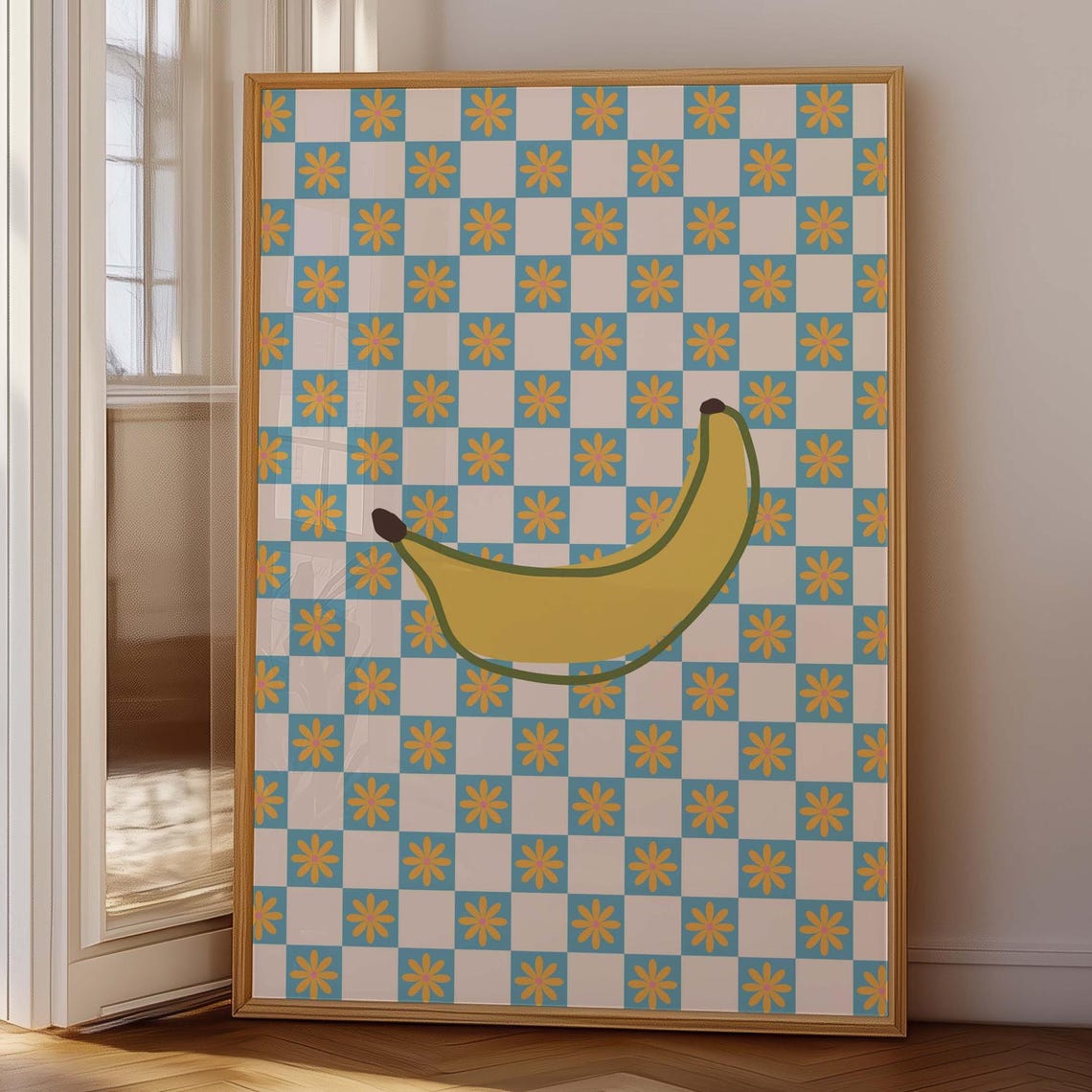 Funky Retro Banana Pop Art Checkerboard Daisy Tile Kitchen Wall Art