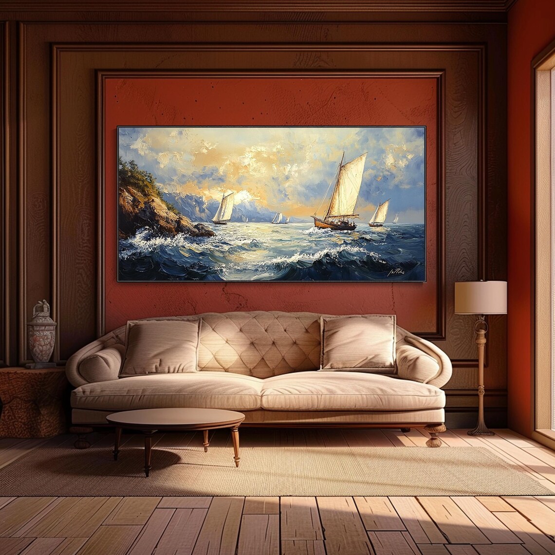 Sunset Sailboats Ocean Regatta Golden Sky Textured Oil Painting Wall Art - Image 5