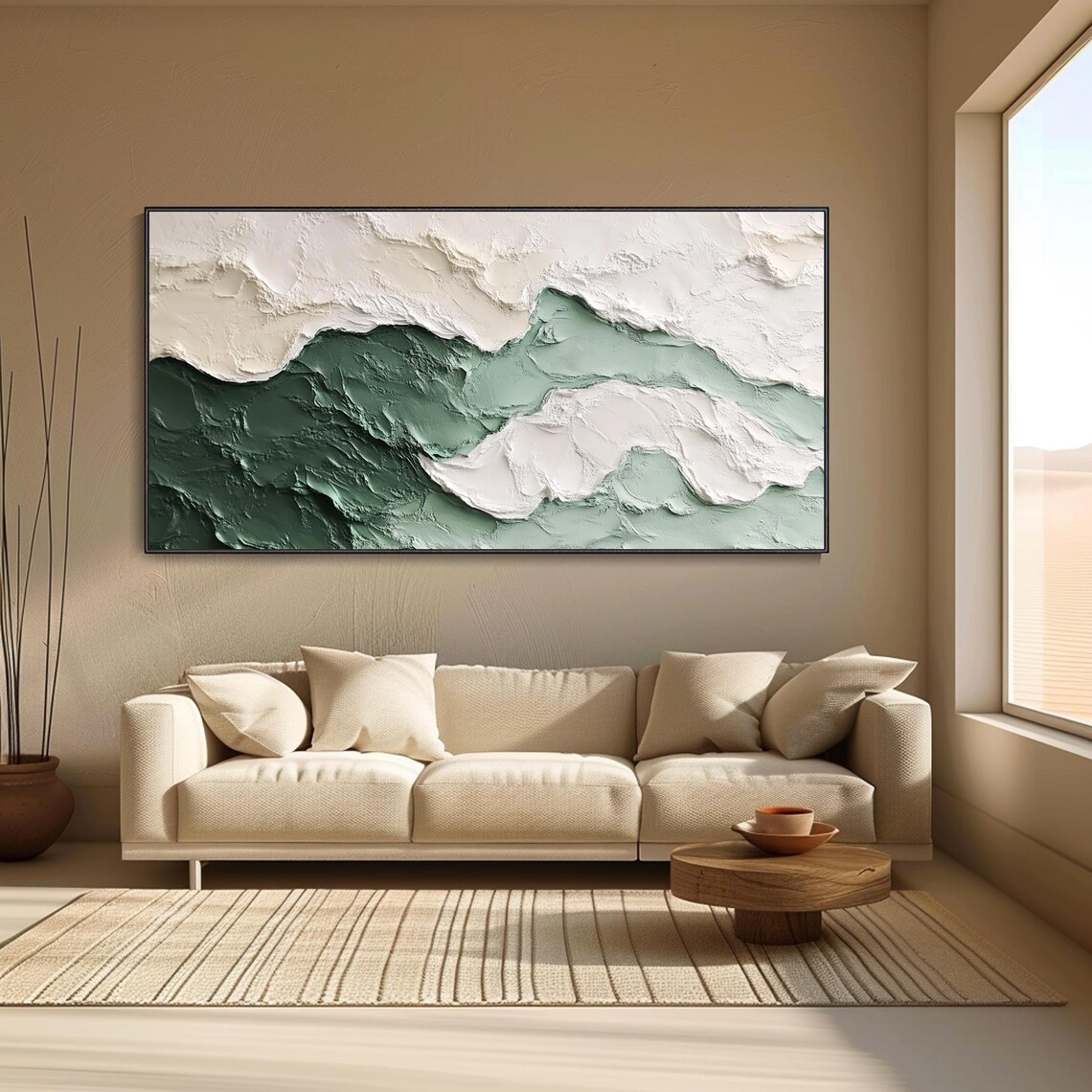 Cream White Green Textured Waves Minimalist Abstract Oil Painting Wall Art - Image 3