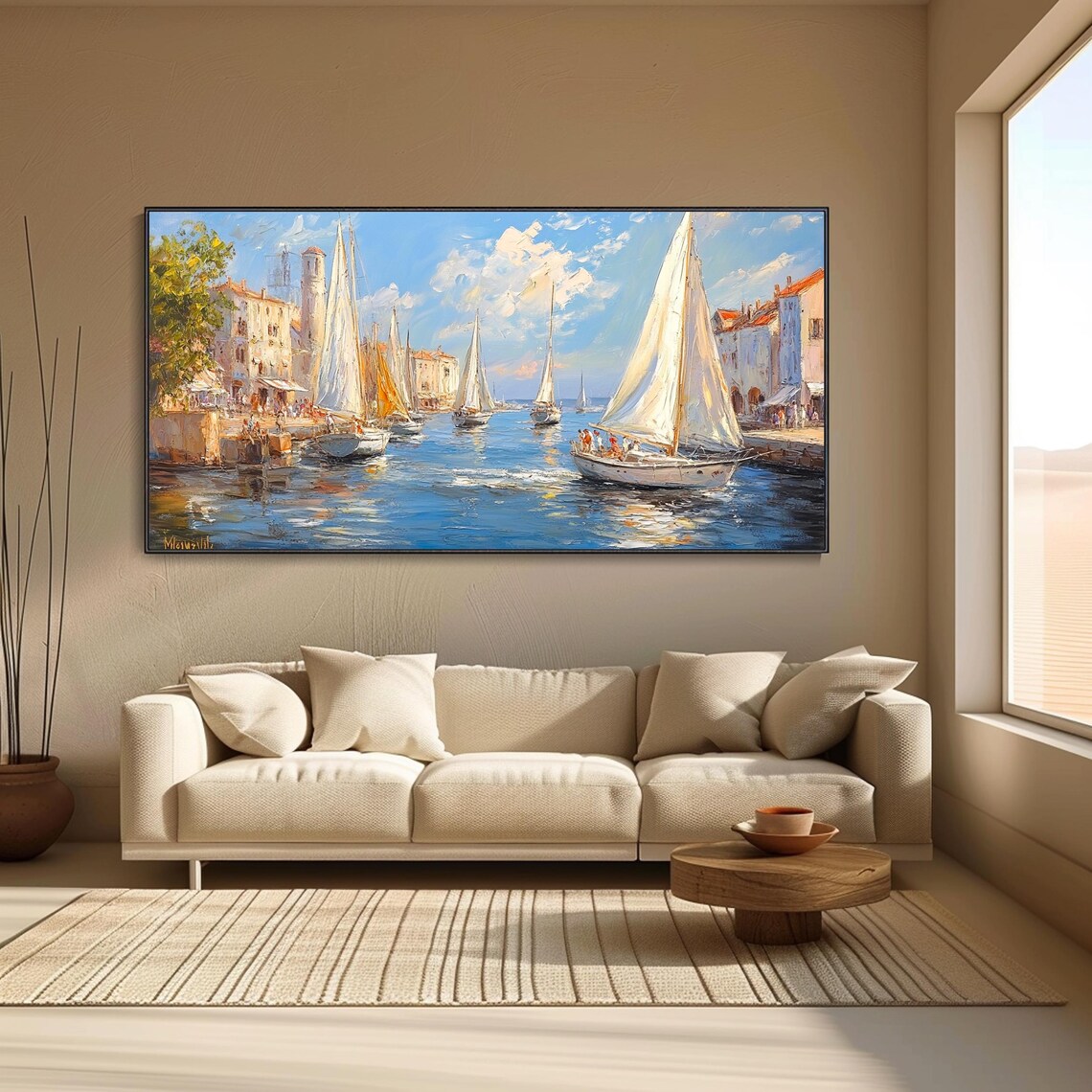 Mediterranean Harbor Sailboats White Buildings Seascape Wall Art - Image 4