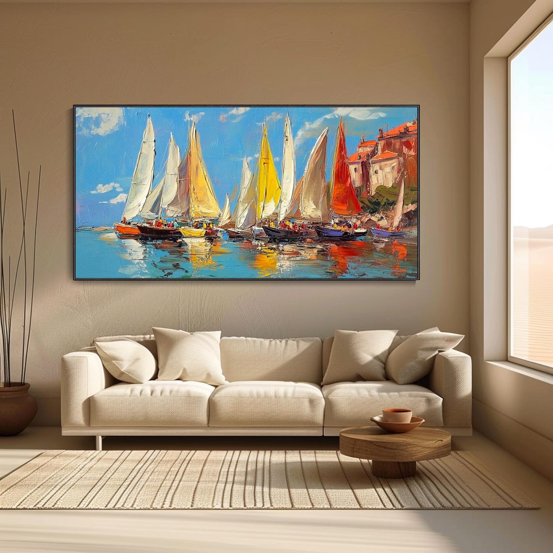 Impressionist Sailboat Regatta Harbor Colorful Sails Seascape Wall Art - Image 3
