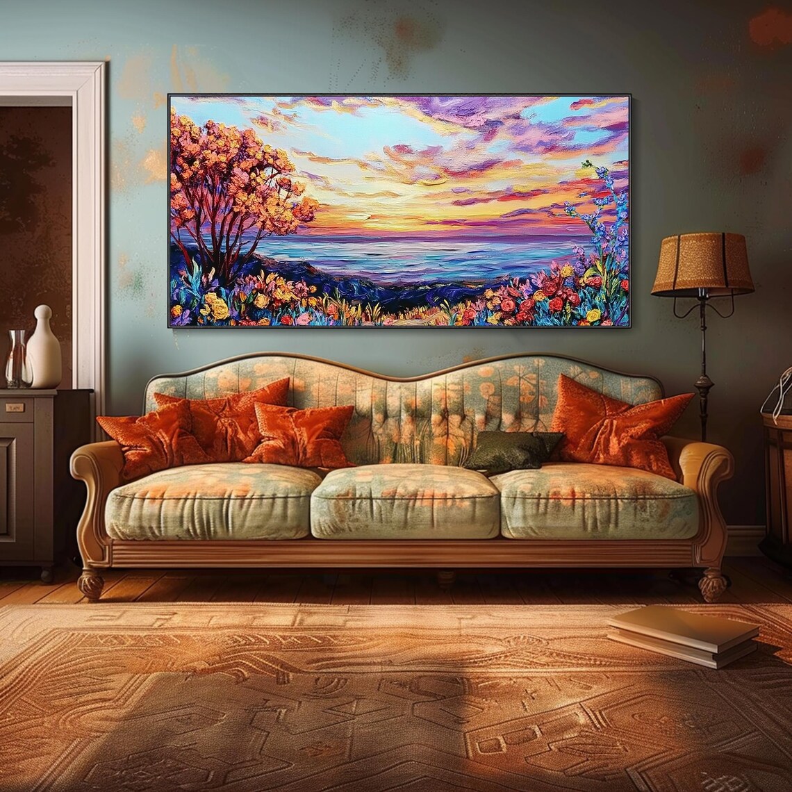 Ocean Sunset Flowers Oil Painting Palette Knife Seascape Blooms Wall Art Print - Image 4