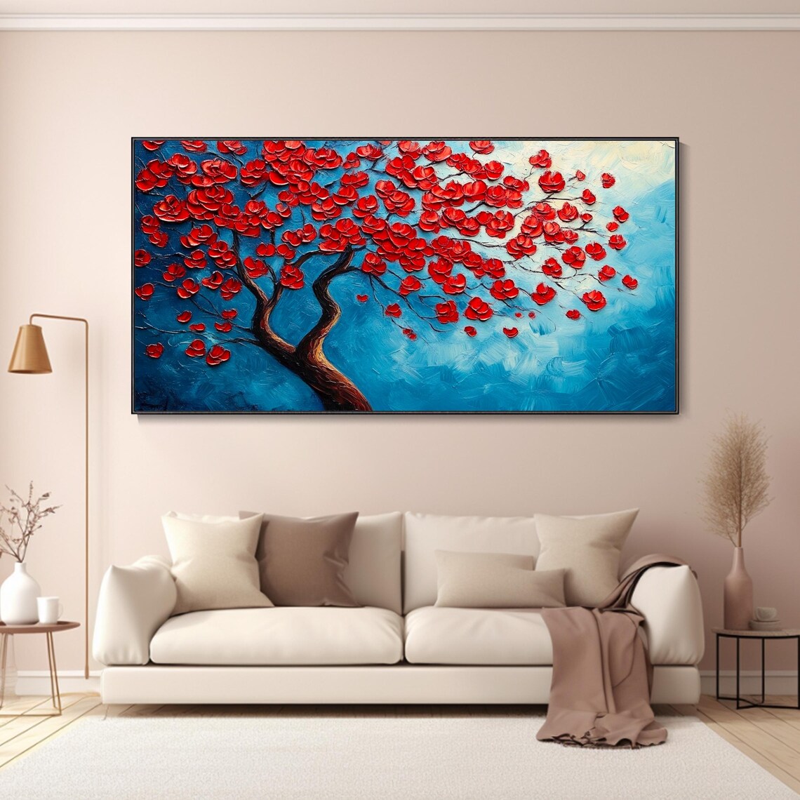 Red Blossom Tree Blue Sky Bold Floral Panoramic Oil Painting Wall Art - Image 3