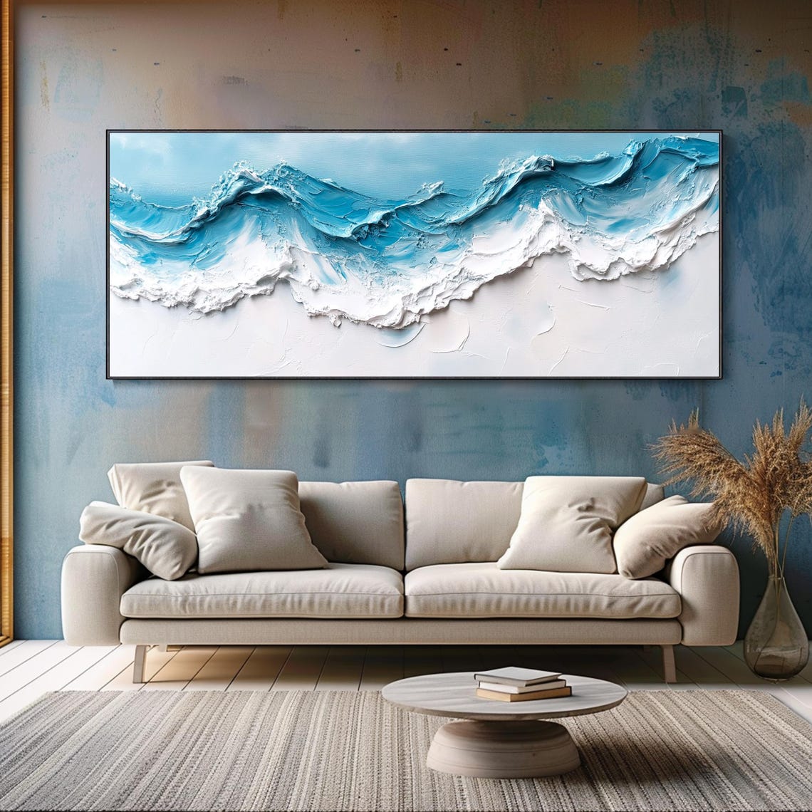White Turquoise Ocean Waves 3D Textured Abstract Oil Painting Wall Art - Image 2