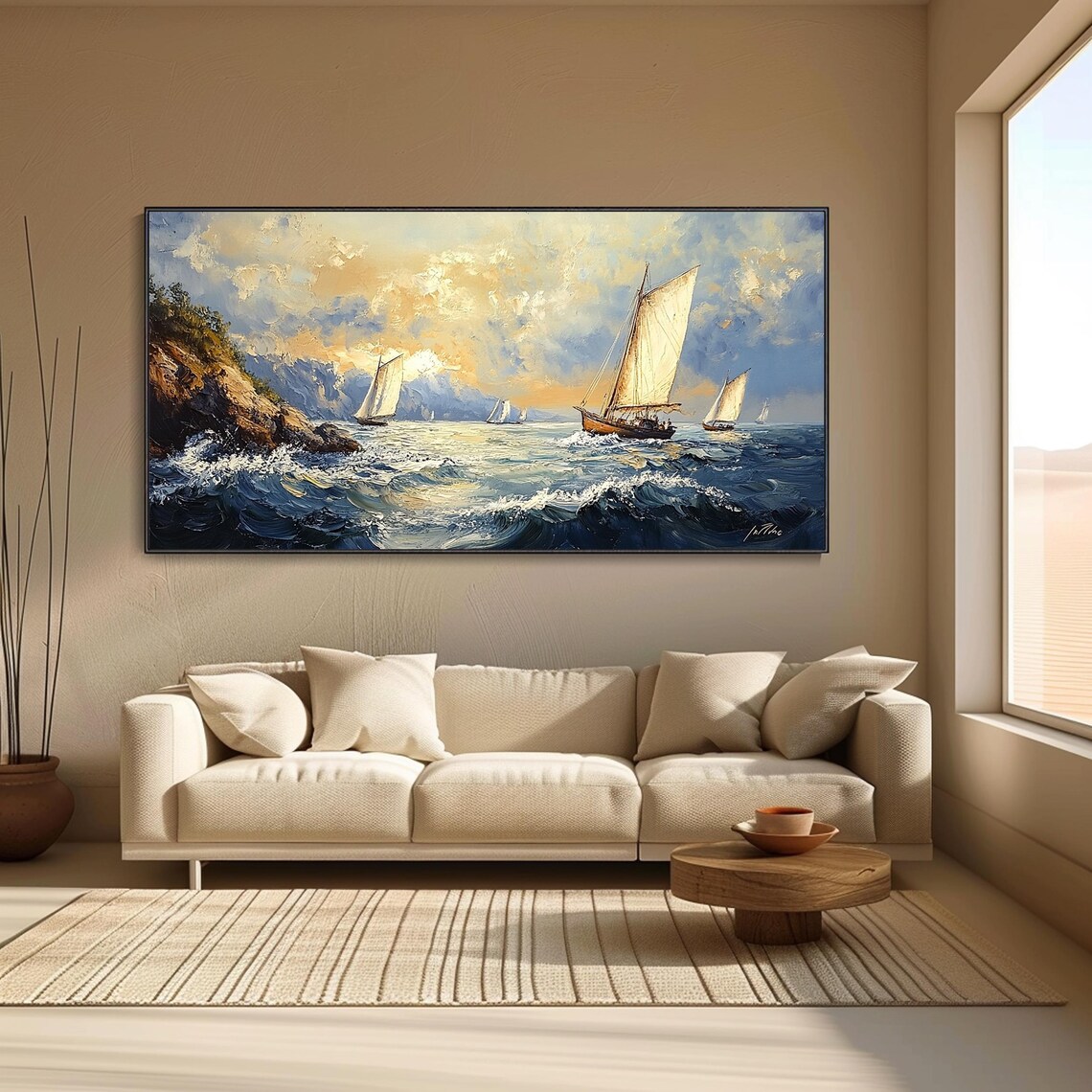 Sunset Sailboats Ocean Regatta Golden Sky Textured Oil Painting Wall Art - Image 4