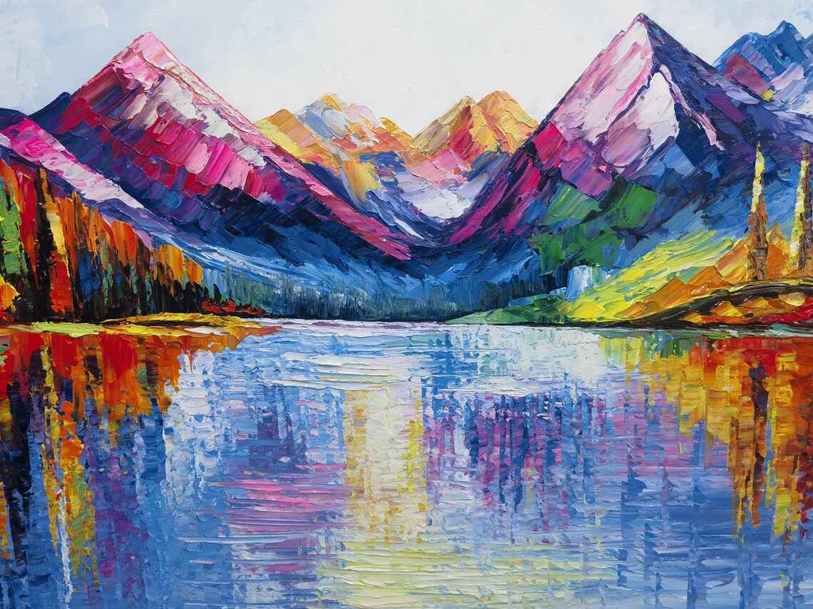 Colorful Mountain Peaks Lake Reflection Vibrant Landscape Wall Art - Image 3