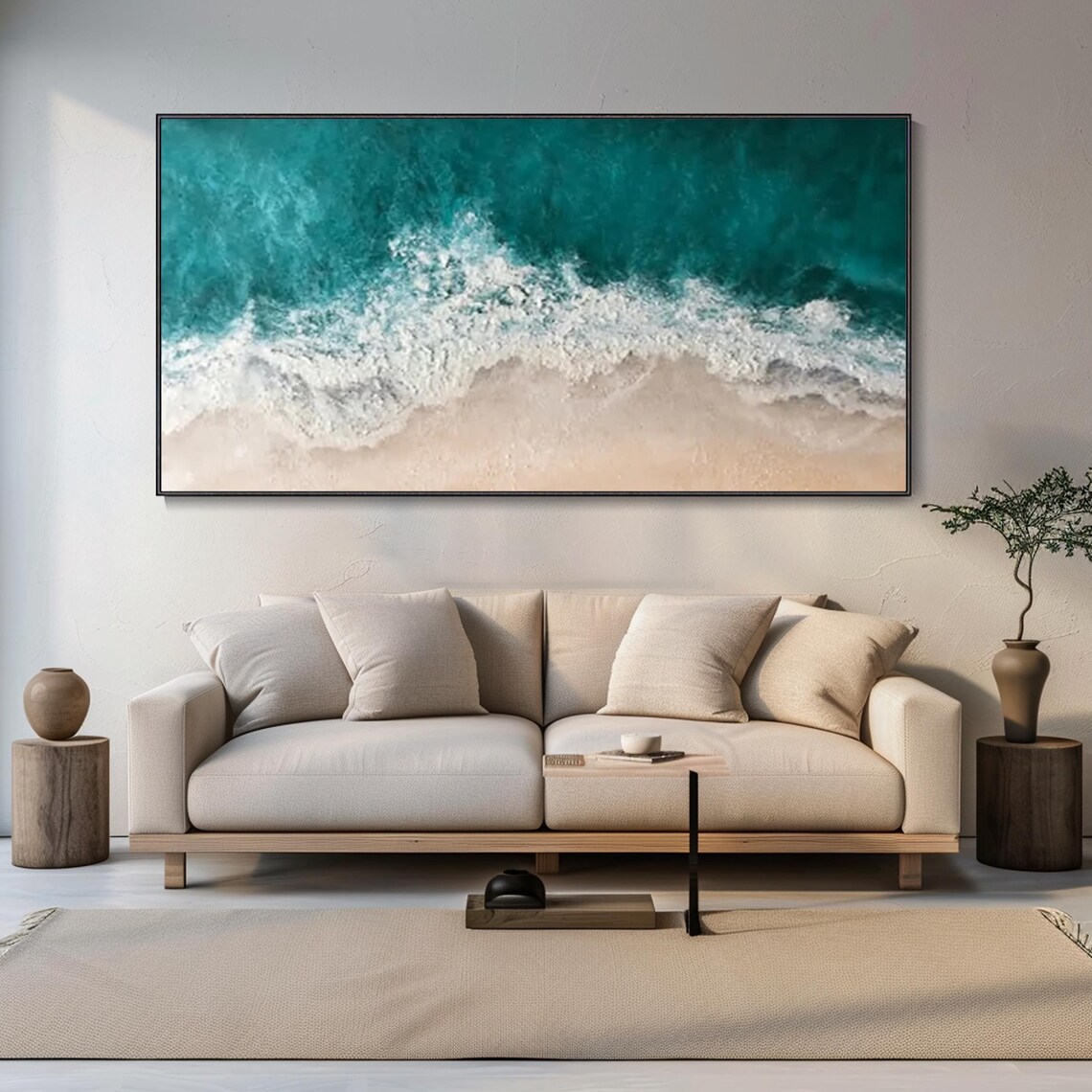 Turquoise Ocean Waves White Sand Aerial Beach Textured Oil Painting Print - Image 2
