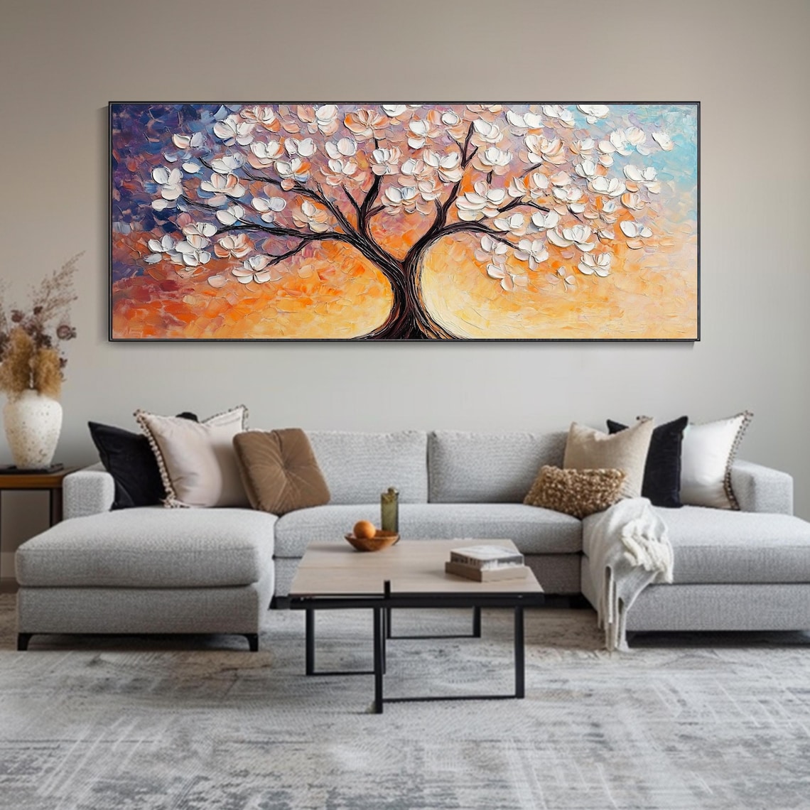 White Blossom Tree Sunset Orange Sky Textured Oil Painting Wall Art - Image 4
