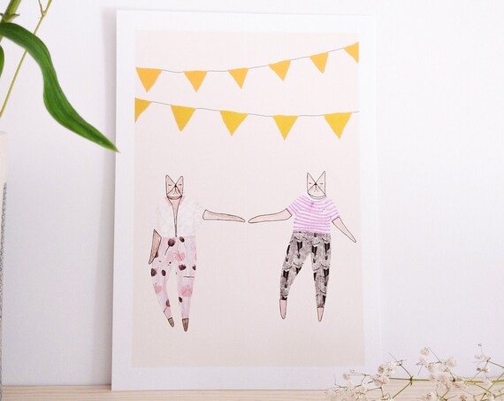 Jumping Cat Couple Yellow Bunting Whimsical Party Art Poster